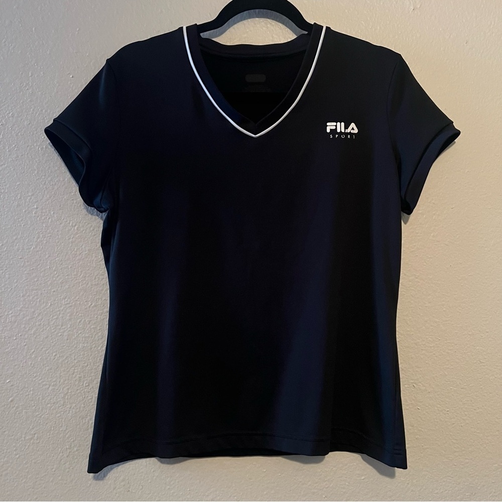 FILA SPORT Womens Size Large Black V- Neck T-Shirt Top
